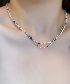 Colorful Beaded Shattered Silver Necklace - Summer Layered Clavicle Chain for High-End Style and Niche Fashion