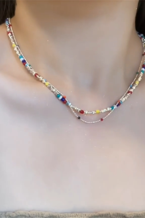 Colorful Beaded Shattered Silver Necklace - Summer Layered Clavicle Chain for High-End Style and Niche Fashion