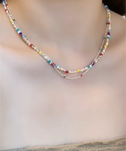 Colorful Beaded Shattered Silver Necklace - Summer Layered Clavicle Chain for High-End Style and Niche Fashion