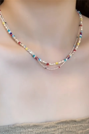 Colorful Beaded Shattered Silver Necklace - Summer Layered Clavicle Chain for High-End Style and Niche Fashion