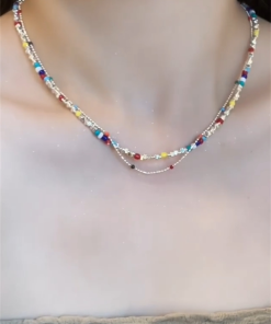 Colorful Beaded Shattered Silver Necklace - Summer Layered Clavicle Chain for High-End Style and Niche Fashion