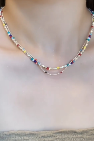Colorful Beaded Shattered Silver Necklace - Summer Layered Clavicle Chain for High-End Style and Niche Fashion