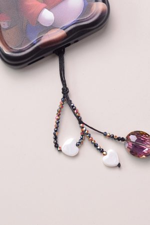 Colorful Black Crystal Pearl Shell Four-Leaf Clover Heart-Shaped Unisex Phone Strap Pendant Case Accessory