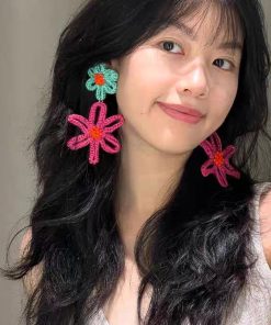 Colorful Bohemian Flower Earrings for Women, Handmade Woven Ethnic Style, Exaggerated Beach Vacation Studs, Trendy Summer Accessories