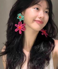 Colorful Bohemian Flower Earrings for Women, Handmade Woven Ethnic Style, Exaggerated Beach Vacation Studs, Trendy Summer Accessories