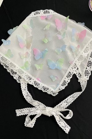 Colorful Butterfly French Lace Triangular Headscarf - Sweet Girl Silk Scarf for Pastoral Seaside Style