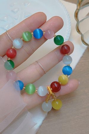 Colorful Cat's Eye Stone Bead Bracelet for Women - Handmade Light Luxury Jewelry, High-End Aesthetic, Perfect for Travel and Photography