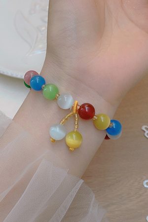 Colorful Cat's Eye Stone Bead Bracelet for Women - Handmade Light Luxury Jewelry, High-End Aesthetic, Perfect for Travel and Photography