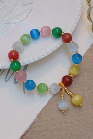 Colorful Cat's Eye Stone Bead Bracelet for Women - Handmade Light Luxury Jewelry, High-End Aesthetic, Perfect for Travel and Photography