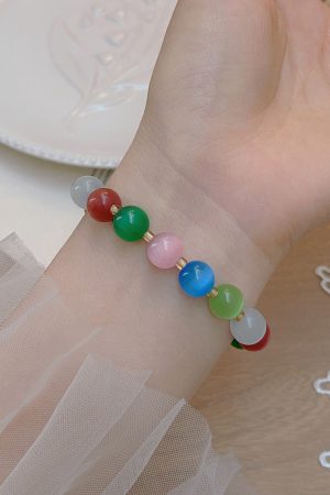 Colorful Cat's Eye Stone Bead Bracelet for Women - Handmade Light Luxury Jewelry, High-End Aesthetic, Perfect for Travel and Photography