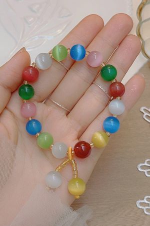 Colorful Cat's Eye Stone Bead Bracelet for Women - Handmade Light Luxury Jewelry, High-End Aesthetic, Perfect for Travel and Photography