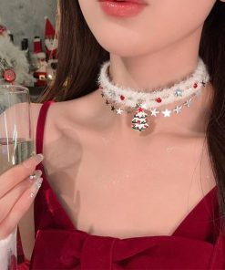 Colorful Christmas Snowflake Plush Necklace | Pearl Choker Heart Collarbone Chain for New Year Holiday Accessories