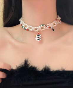 Colorful Christmas Snowflake Plush Necklace | Pearl Choker Heart Collarbone Chain for New Year Holiday Accessories