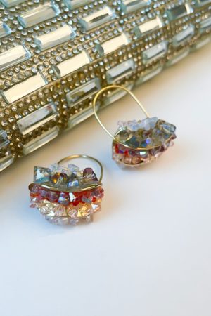 Colorful Crystal Flower Basket Earrings - Exaggerated Minimalist Asymmetrical Design, Super Shiny Ear Accessories for Women