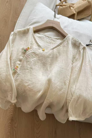 Colorful Diagonal Placket Button Short Sleeve Shirt - Chinese Style Women's Top for Summer 2025, Trendy Lazy Fashion