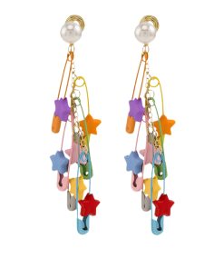 Colorful Dopamine Brooch Earrings for Women, Star Tassel Design, No Ear Holes, Unique Incense Plate Ear Clips, Niche Personality Style