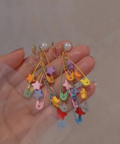 Colorful Dopamine Brooch Earrings for Women, Star Tassel Design, No Ear Holes, Unique Incense Plate Ear Clips, Niche Personality Style