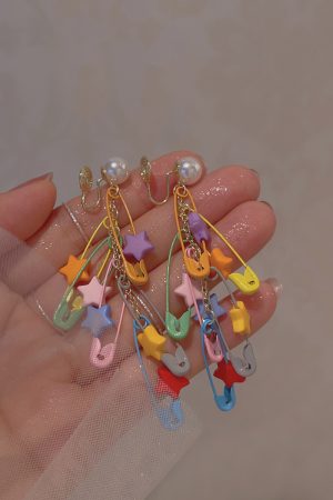 Colorful Dopamine Brooch Earrings for Women, Star Tassel Design, No Ear Holes, Unique Incense Plate Ear Clips, Niche Personality Style