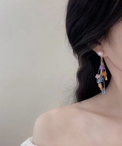 Colorful Dopamine Brooch Earrings for Women, Star Tassel Design, No Ear Holes, Unique Incense Plate Ear Clips, Niche Personality Style