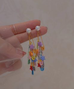 Colorful Dopamine Brooch Earrings for Women, Star Tassel Design, No Ear Holes, Unique Incense Plate Ear Clips, Niche Personality Style
