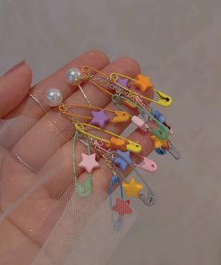 Colorful Dopamine Brooch Earrings for Women, Star Tassel Design, No Ear Holes, Unique Incense Plate Ear Clips, Niche Personality Style