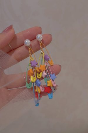 Colorful Dopamine Brooch Earrings for Women, Star Tassel Design, No Ear Holes, Unique Incense Plate Ear Clips, Niche Personality Style