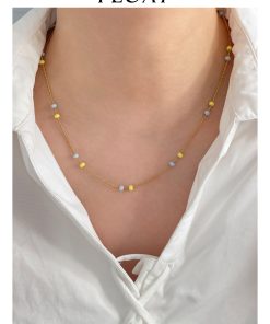 Colorful Drip Glaze Bead Splicing Necklace - Minimalist Layered Clavicle Chain in Yellow and Purple for Versatile Styling
