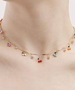 Colorful Drip Oil Cherry Zircon Pendant Necklace for Women - Trendy European and American Jewelry Accessories