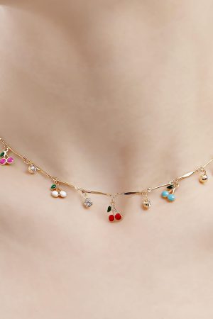 Colorful Drip Oil Cherry Zircon Pendant Necklace for Women - Trendy European and American Jewelry Accessories