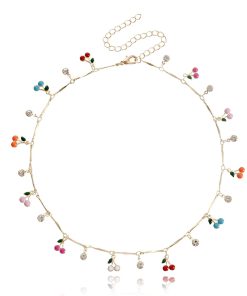 Colorful Drip Oil Cherry Zircon Pendant Necklace for Women - Trendy European and American Jewelry Accessories
