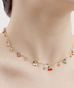 Colorful Drip Oil Cherry Zircon Pendant Necklace for Women - Trendy European and American Jewelry Accessories