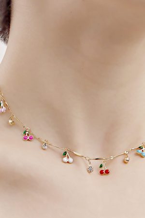 Colorful Drip Oil Cherry Zircon Pendant Necklace for Women - Trendy European and American Jewelry Accessories