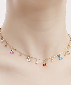 Colorful Drip Oil Cherry Zircon Pendant Necklace for Women - Trendy European and American Jewelry Accessories