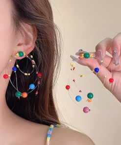 Colorful Fireworks Beaded Ear Clips - Long Contrast Color Earrings for Fun Personality - Trendy 2025 Statement Jewelry