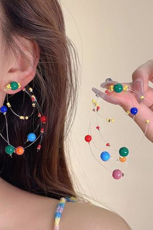 Colorful Fireworks Beaded Ear Clips - Long Contrast Color Earrings for Fun Personality - Trendy 2025 Statement Jewelry