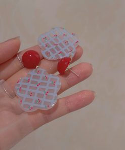 Colorful Floral Earrings for Women, Vintage Cherry Ear Clips, Cute Sweet Design, Contrasting Colors, Unique Mosquito Coil Style