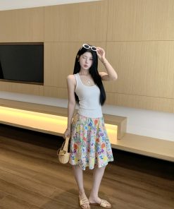 Colorful Floral Oil Painting Half-Length Skirt for Women - Summer Romantic Mid-Length Dress, Boho Chic Style