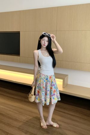 Colorful Floral Oil Painting Half-Length Skirt for Women - Summer Romantic Mid-Length Dress, Boho Chic Style