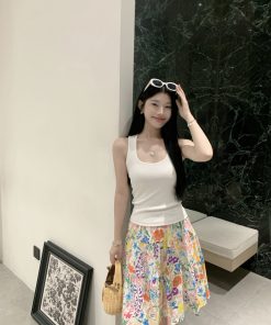 Colorful Floral Oil Painting Half-Length Skirt for Women - Summer Romantic Mid-Length Dress, Boho Chic Style
