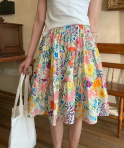 Colorful Floral Oil Painting Half-Length Skirt for Women - Summer Romantic Mid-Length Dress, Boho Chic Style