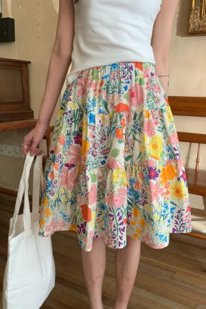 Colorful Floral Oil Painting Half-Length Skirt for Women - Summer Romantic Mid-Length Dress, Boho Chic Style