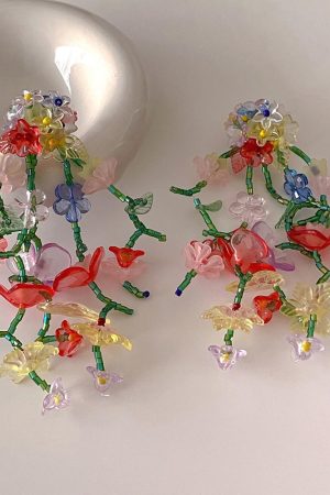 Colorful Floral Tassel Earrings for Girls - Long Romantic Crystal Cluster Ear Clips, Pastoral Vacation Style Jewelry