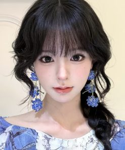 Colorful Floral Tassel Earrings for Girls - Long Romantic Crystal Cluster Ear Clips, Pastoral Vacation Style Jewelry