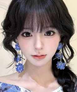 Colorful Floral Tassel Earrings for Girls - Long Romantic Crystal Cluster Ear Clips, Pastoral Vacation Style Jewelry