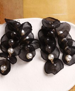 Colorful Floral Tassel Earrings for Girls - Long Romantic Crystal Cluster Ear Clips, Pastoral Vacation Style Jewelry