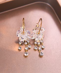Colorful Floral Tassel Earrings for Women, Crystal Inlaid Water Drop Design, Niche Round Ear Clips, Trendy Statement Jewelry