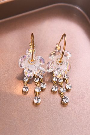 Colorful Floral Tassel Earrings for Women, Crystal Inlaid Water Drop Design, Niche Round Ear Clips, Trendy Statement Jewelry