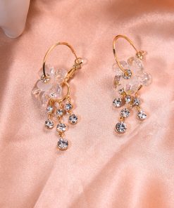 Colorful Floral Tassel Earrings for Women, Crystal Inlaid Water Drop Design, Niche Round Ear Clips, Trendy Statement Jewelry
