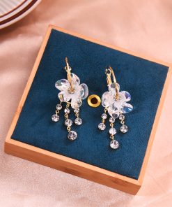 Colorful Floral Tassel Earrings for Women, Crystal Inlaid Water Drop Design, Niche Round Ear Clips, Trendy Statement Jewelry