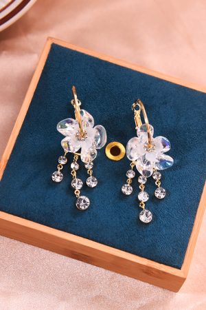Colorful Floral Tassel Earrings for Women, Crystal Inlaid Water Drop Design, Niche Round Ear Clips, Trendy Statement Jewelry